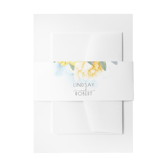 Yellow Flowers Elegant Dusty Blue Wedding Invitation Belly Band (Front Example)