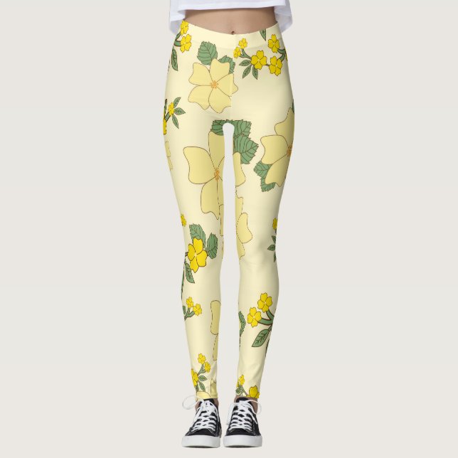 Yellow Flowers, Floral Pattern, Pattern Of Flowers Leggings (Front)