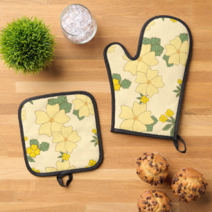 Yellow Flowers, Floral Pattern, Pattern Of Flowers Oven Mitt & Pot Holder Set