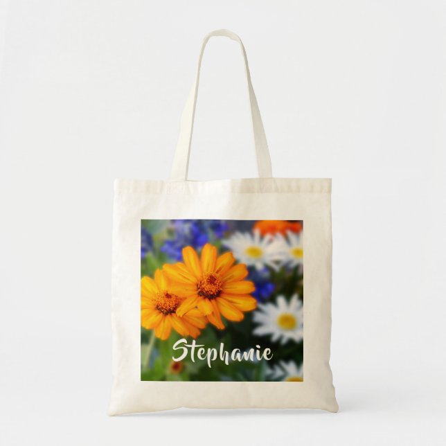 Yellow Flowers Floral with Personalized Name Tote Bag (Front)