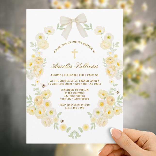 Yellow Flowers Frame Bow Baptism Invitation (Creator Uploaded)