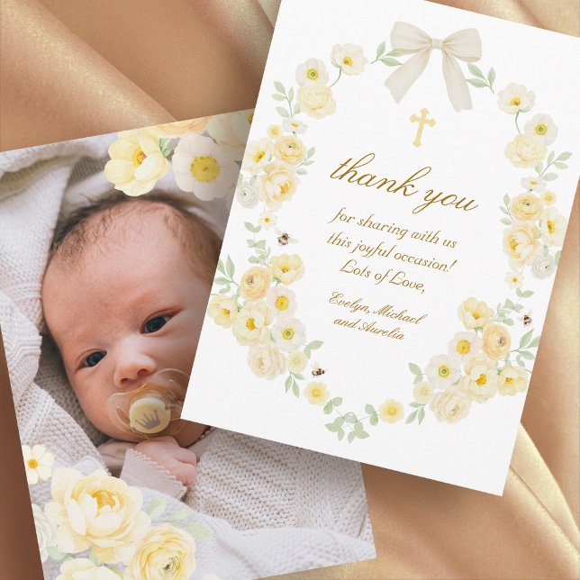 Yellow Flowers Frame Bow Baptism Thank You Card (Creator Uploaded)