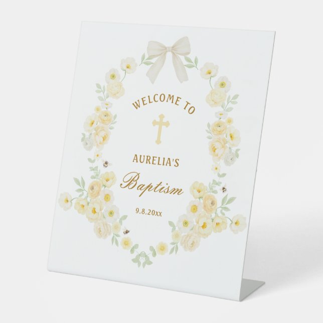 Yellow Flowers Frame Bow Baptism Welcome Pedestal Sign (Front)