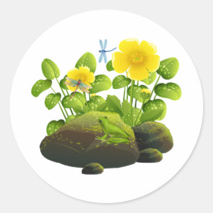 Yellow Flowers, Frog and Dragonflies Nature Classic Round Sticker