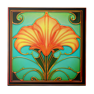 Yellow Flowers Green Leaves Art Deco Ceramic Tile