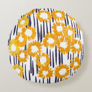 Yellow Flowers: Hand-Painted Vintage Round Pillow