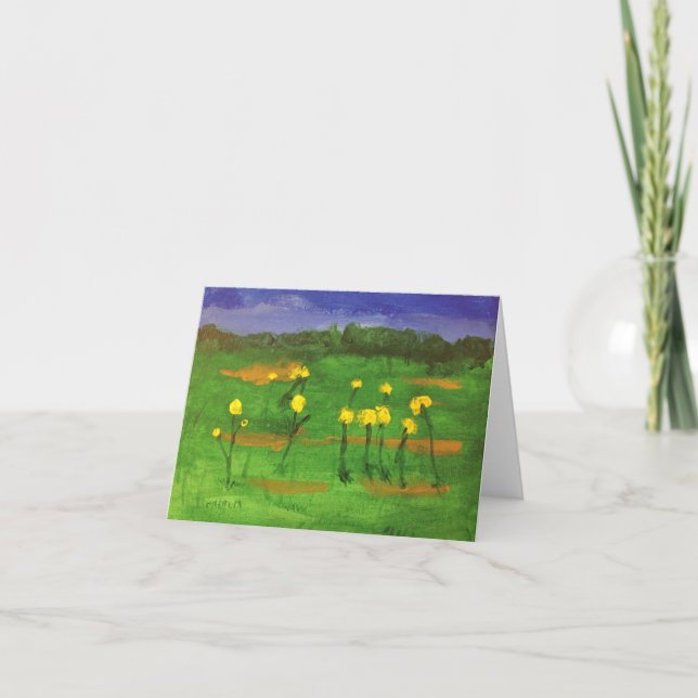 Yellow flowers in field acrylic painting card (Front)