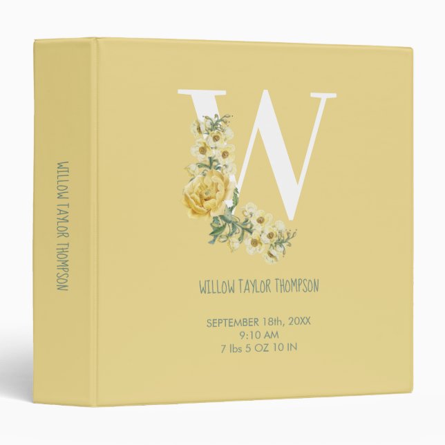 Yellow Flowers Initial Baby Birth Stats Baby Album Binder (Front/Spine)