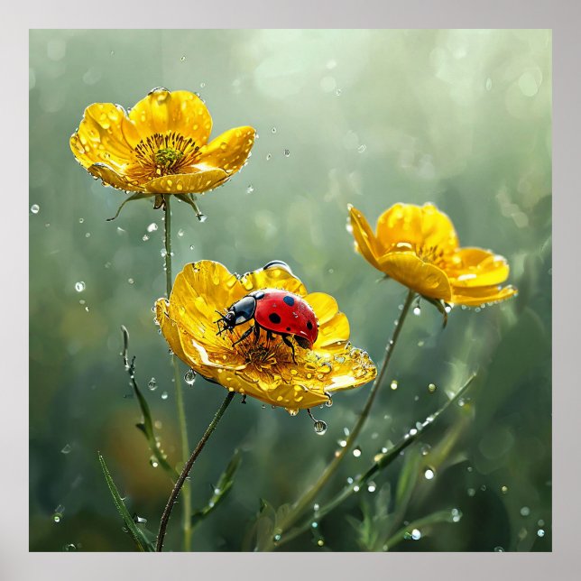 🐞 Yellow Flowers Ladybug Nature Scene 🐞 Poster (Front)