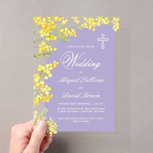Yellow Flowers Lavender Arch Religious Wedding Acrylic Invitations