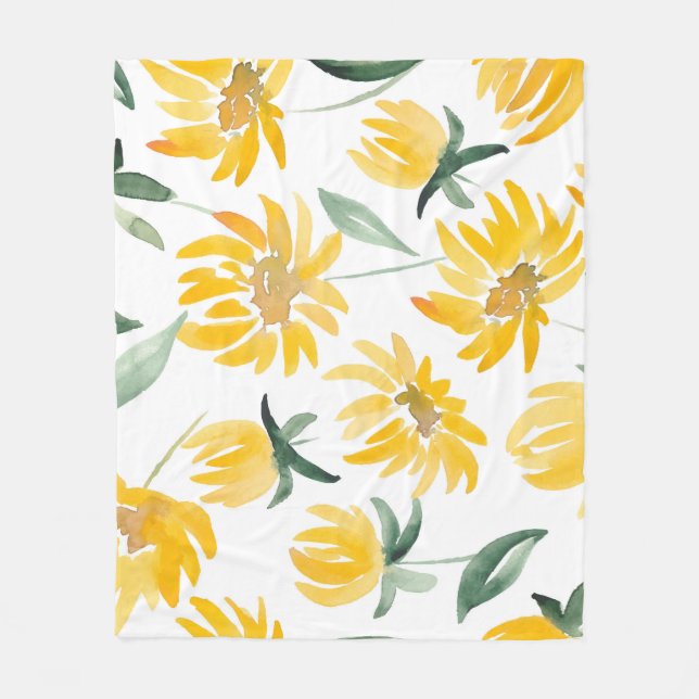 Yellow Flowers Leaf Summer Pattern Fleece Blanket (Front)