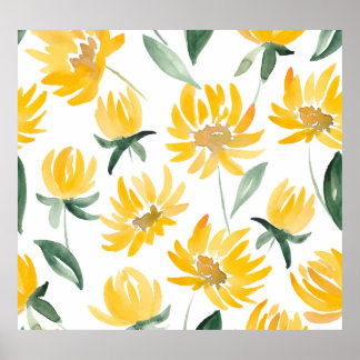 Yellow Flowers Leaf Summer Pattern Poster