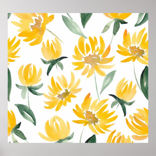 Yellow Flowers Leaf Summer Pattern Poster (Front)