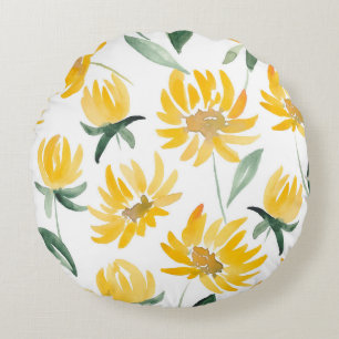 Yellow Flowers Leaf Summer Pattern Round Pillow