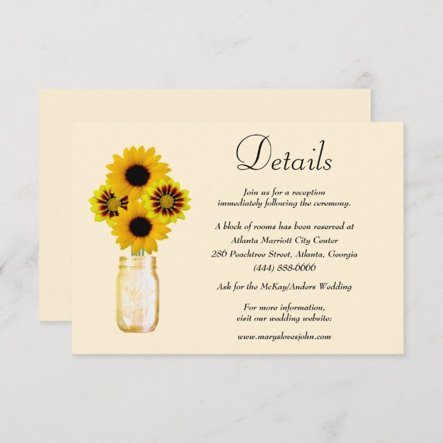 Yellow Flowers Mason Jar Wedding Details Enclosure Card (Front/Back)
