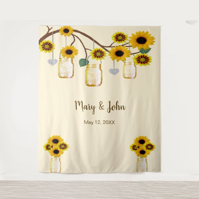 Yellow Flowers Mason Jars Photo Backdrop Tapestry (Front)