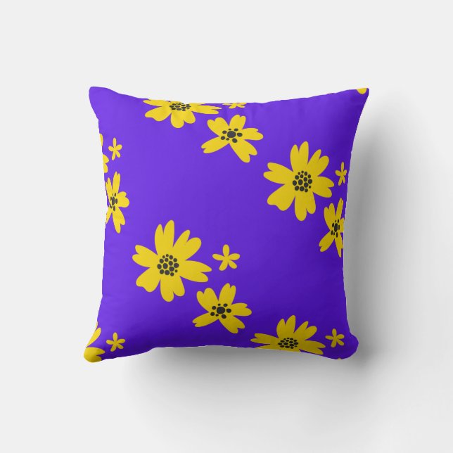 yellow flowers of various scattered solid purple throw pillow (Back)