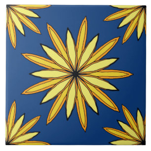 Yellow flowers on a Navy Blue background Tile