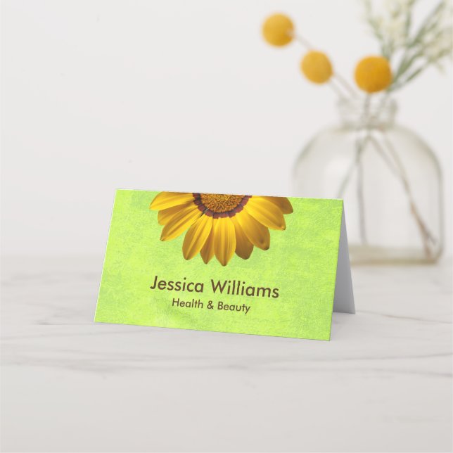 Yellow Flowers on Abstract Green Monogram Appointment Card (Front)