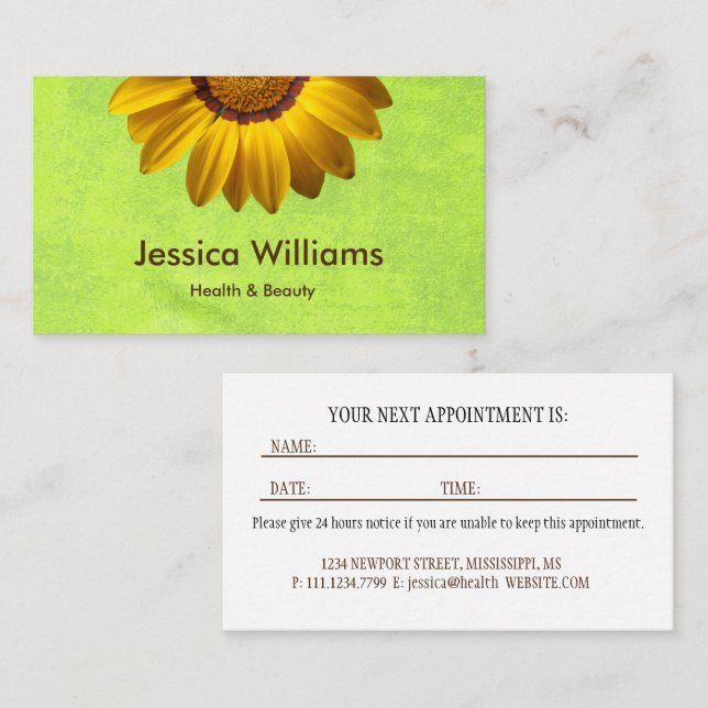 Yellow Flowers on Abstract Green Monogram Appointment Card (Front/Back)