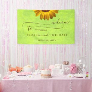 Yellow Flowers on Abstract Green Wedding Banner