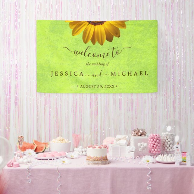 Yellow Flowers on Abstract Green Wedding Banner (Party)