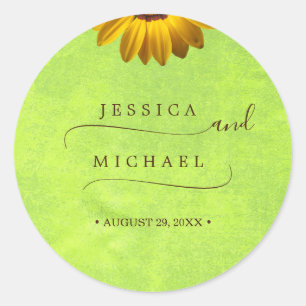 Yellow Flowers on Abstract Green Wedding Classic Round Sticker