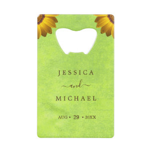 Yellow Flowers on Abstract Green Wedding Credit Card Bottle Opener