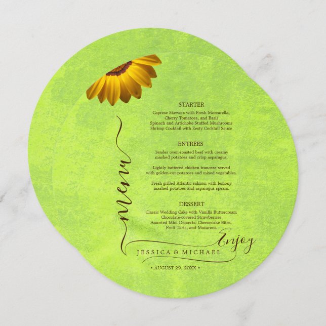 Yellow Flowers on Abstract Green Wedding Menu (Front/Back)