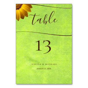 Yellow Flowers on Abstract Green Wedding Table Number