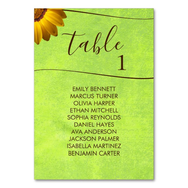 Yellow Flowers on Abstract Green Wedding Table Number (Front)