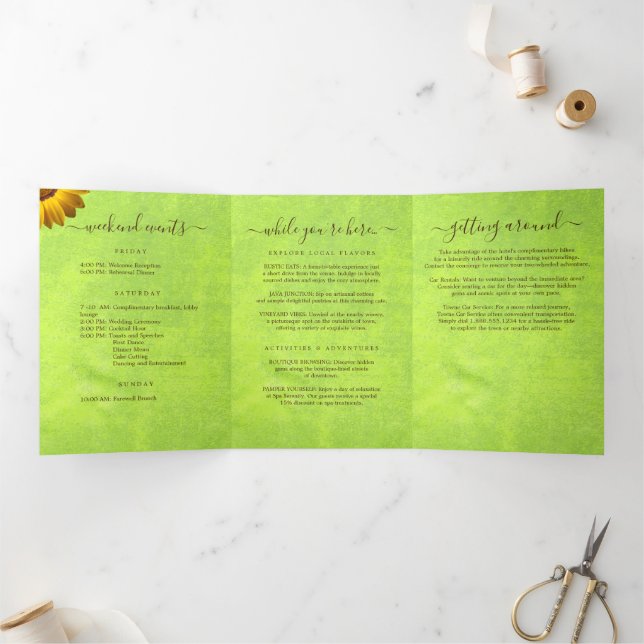 Yellow Flowers on Abstract Green Wedding Tri-Fold Programme (Inside)