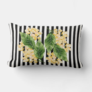 Yellow flowers on black and white stripes lumbar pillow