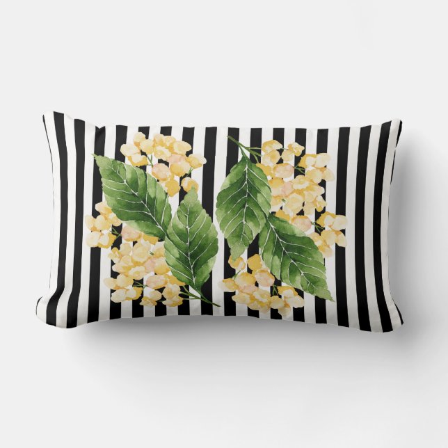 Yellow flowers on black and white stripes lumbar pillow (Front)