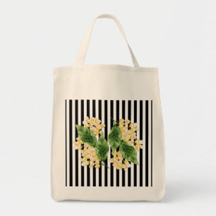 Yellow flowers on black and white stripes tote bag