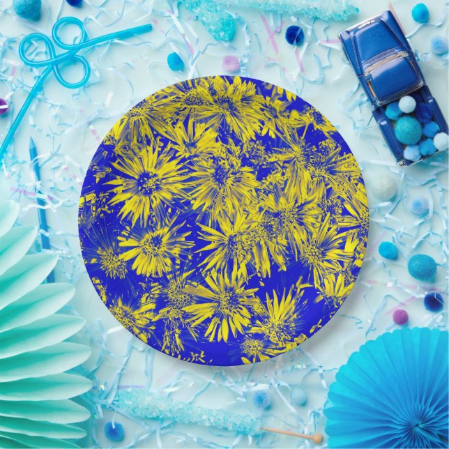 Yellow Flowers On Blue Paper Plate (Party)
