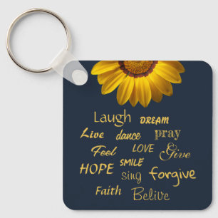 Yellow Flowers on Navy Blue background Monogram Keychain