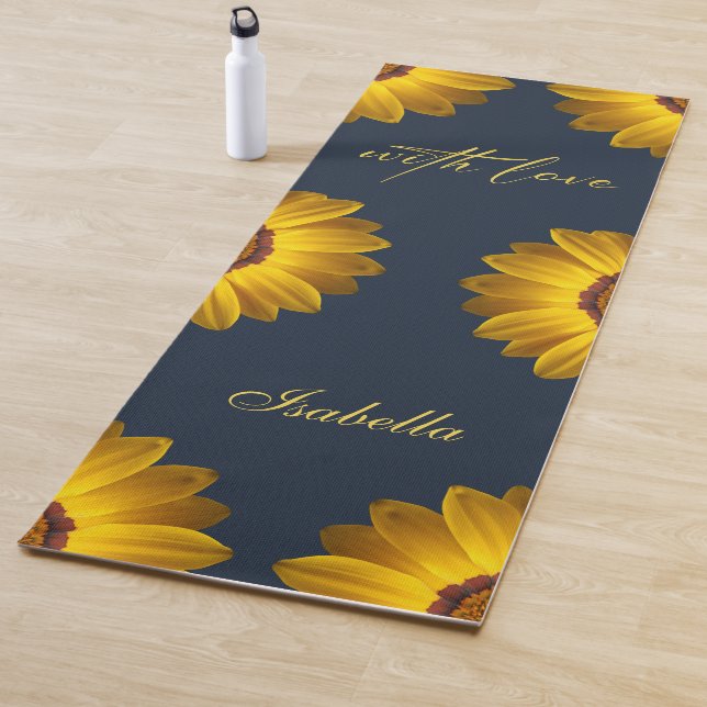 Yellow Flowers on Navy Blue background Monogram  Yoga Mat (In Situ)