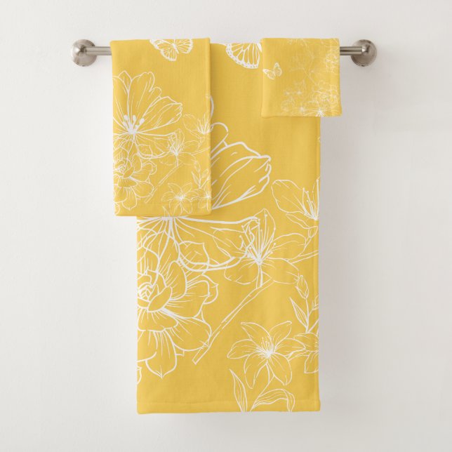 Yellow Flowers Pattern, Floral, Minimalist Bath Towel Set (Insitu)