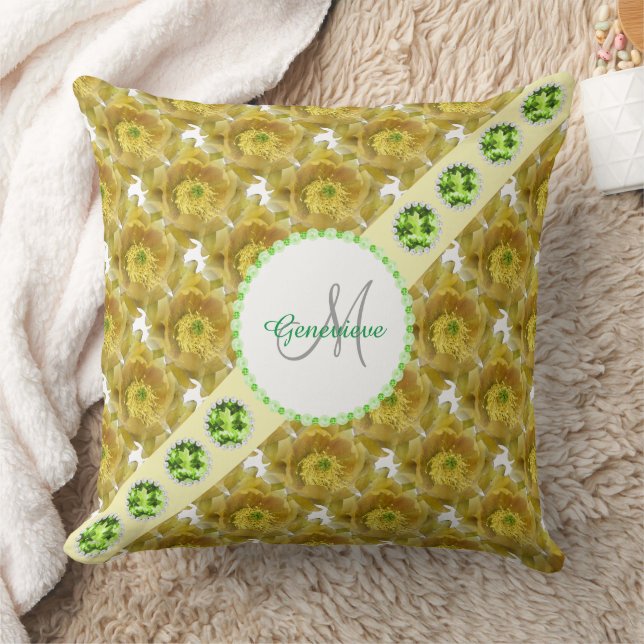 Yellow Flowers Pattern, Green Gemstones & Pearls Throw Pillow (Blanket)