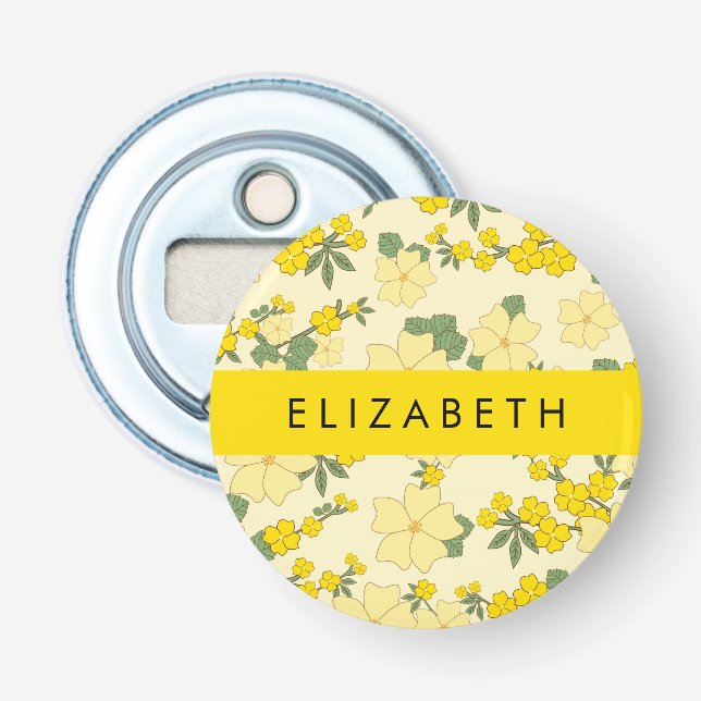 Yellow Flowers, Pattern Of Flowers, Your Name Bottle Opener (Front)