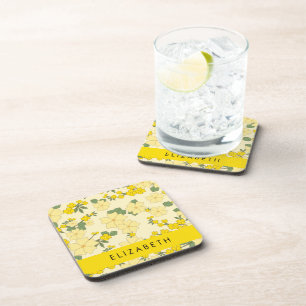 Yellow Flowers, Pattern Of Flowers, Your Name Coaster
