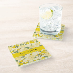 Yellow Flowers, Pattern Of Flowers, Your Name Glass Coaster