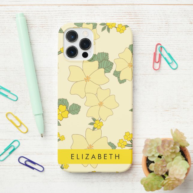 Yellow Flowers, Pattern Of Flowers, Your Name iPhone Case (On Desk)