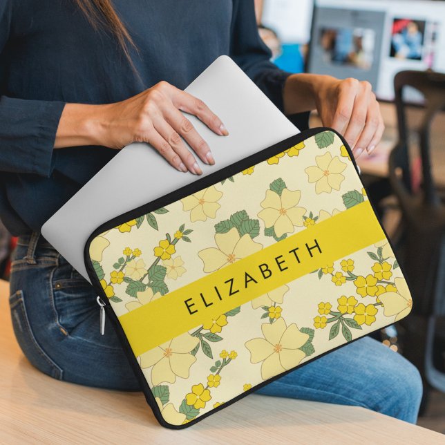Yellow Flowers, Pattern Of Flowers, Your Name Laptop Sleeve (Creator Uploaded)