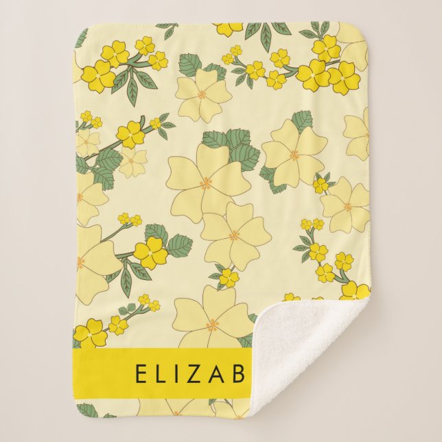 Yellow Flowers, Pattern Of Flowers, Your Name Sherpa Blanket (Front)