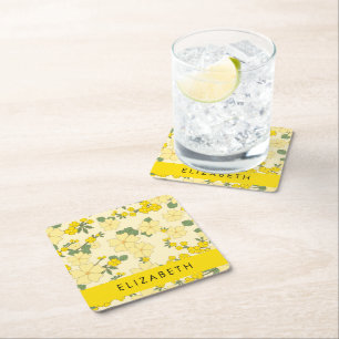 Yellow Flowers, Pattern Of Flowers, Your Name Square Paper Coaster