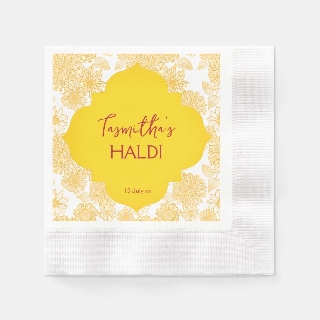 Yellow flowers personalized name Haldi napkins (Front)