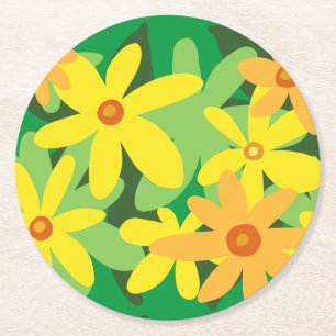 Yellow flowers round paper coaster