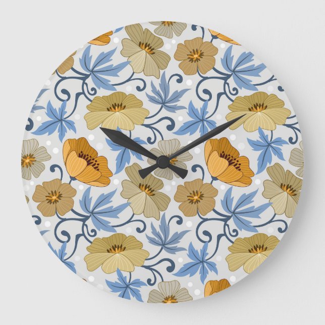 Yellow Flowers: Seamless Textile Design Large Clock (Front)